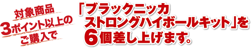 対象商品3ポイント以上のご購入で「ブラックニッカ ストロングハイボールキット」を6個差し上げます。