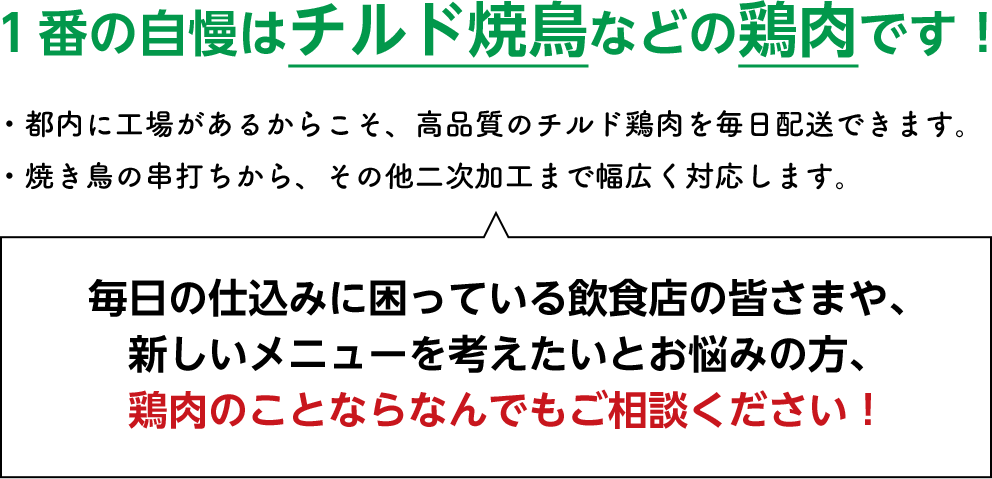 １番の自慢はチルド焼鳥などの鶏肉です！・都内に工場があるからこそ、高品質のチルド鶏肉を毎日配送できます。・焼き鳥の串打ちから、その他二次加工まで幅広く対応します。毎日の仕込みに困っている飲食店の皆さまや、新しいメニューを考えたいとお悩みの方、鶏肉のことならなんでもご相談ください！