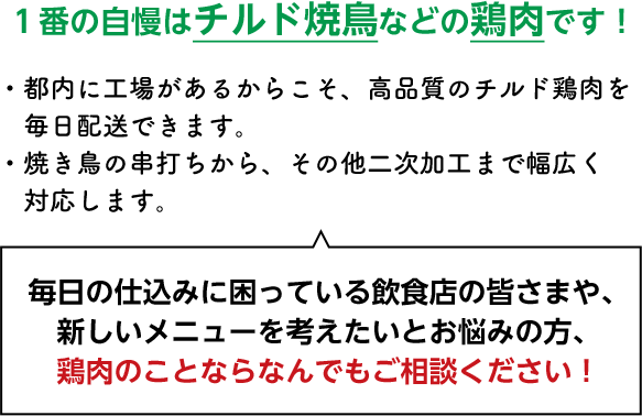 １番の自慢はチルド焼鳥などの鶏肉です！・都内に工場があるからこそ、高品質のチルド鶏肉を毎日配送できます。・焼き鳥の串打ちから、その他二次加工まで幅広く対応します。毎日の仕込みに困っている飲食店の皆さまや、新しいメニューを考えたいとお悩みの方、鶏肉のことならなんでもご相談ください！
