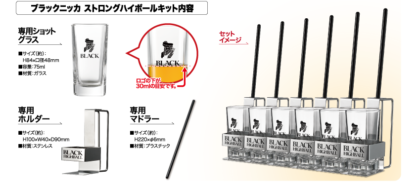 ブラックニッカ ストロングハイボールキット内容 専用ショットグラス 専用ホルダー 専用マドラー