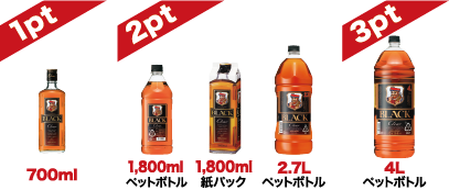 1pt:700ml 2pt:1,800mlペットボトル 1,800ml紙パック 2.7L ペットボトル 3pt:4Lペットボトル